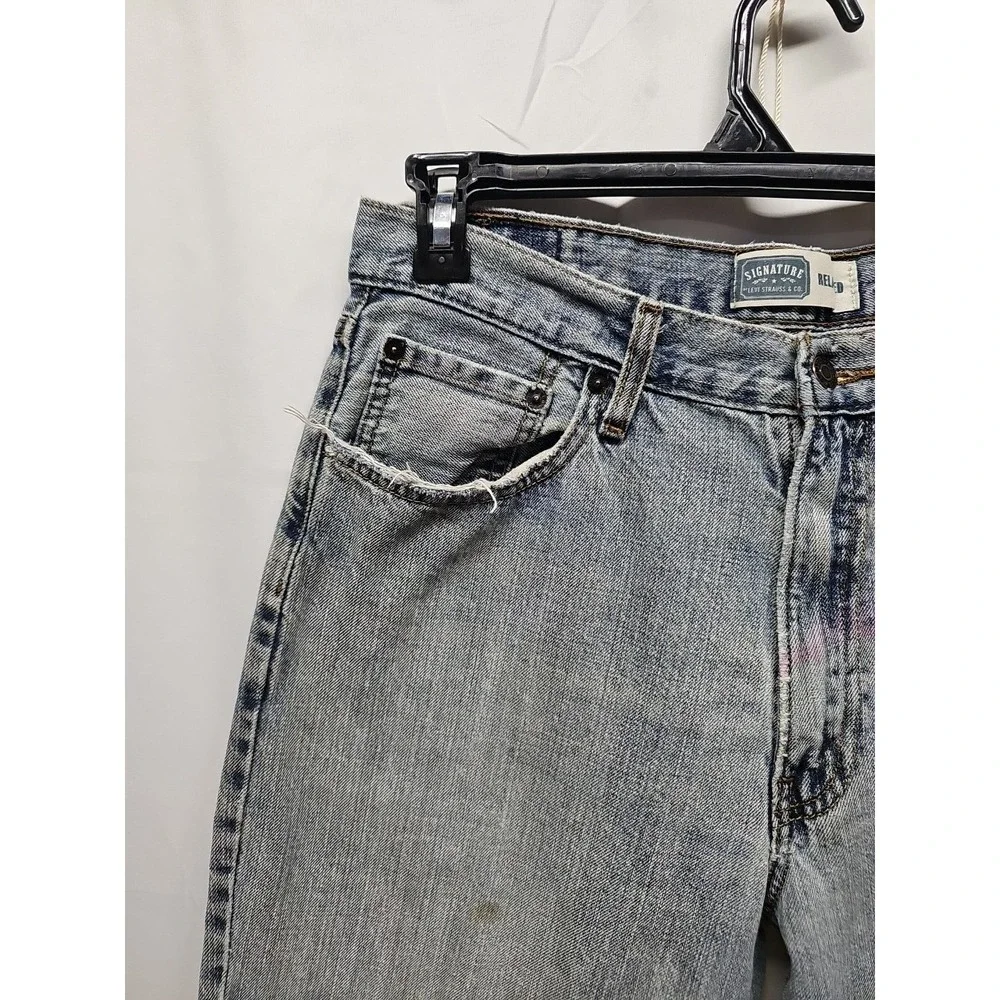 Levi Strauss Signature Men Blue Relaxed Fit Distressed Classic Denim Jeans 36x30